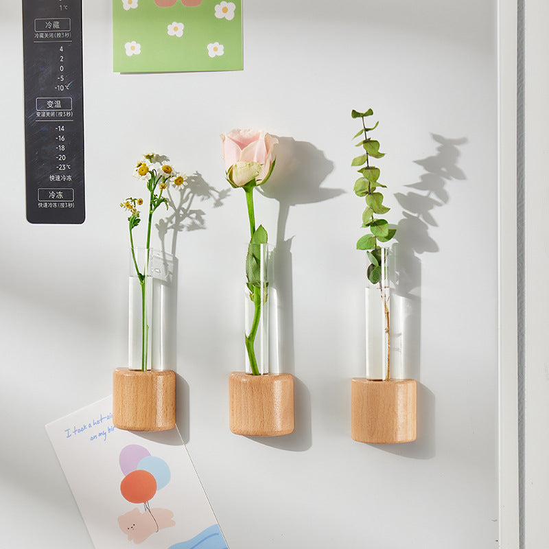 Solid Wood Magnetic Test Tube Vase – Creative Wall-Mounted Mini