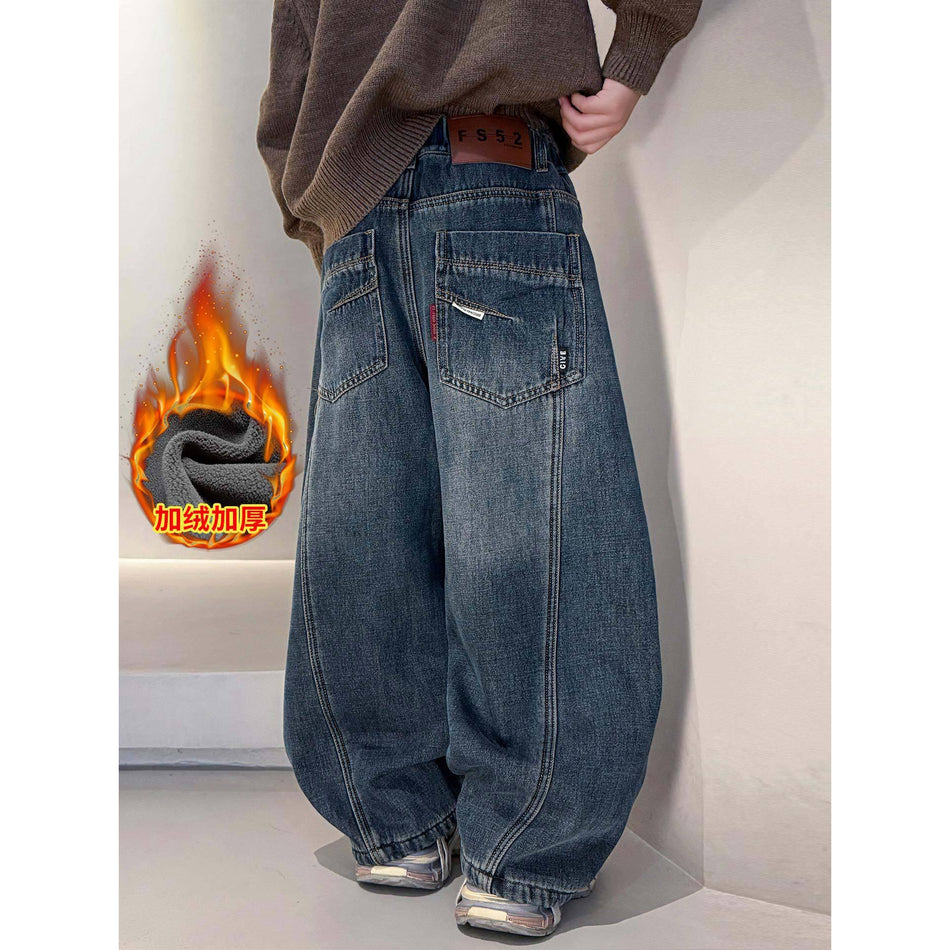 Boys’ Winter Fleece Jeans Thickened Casual Pants