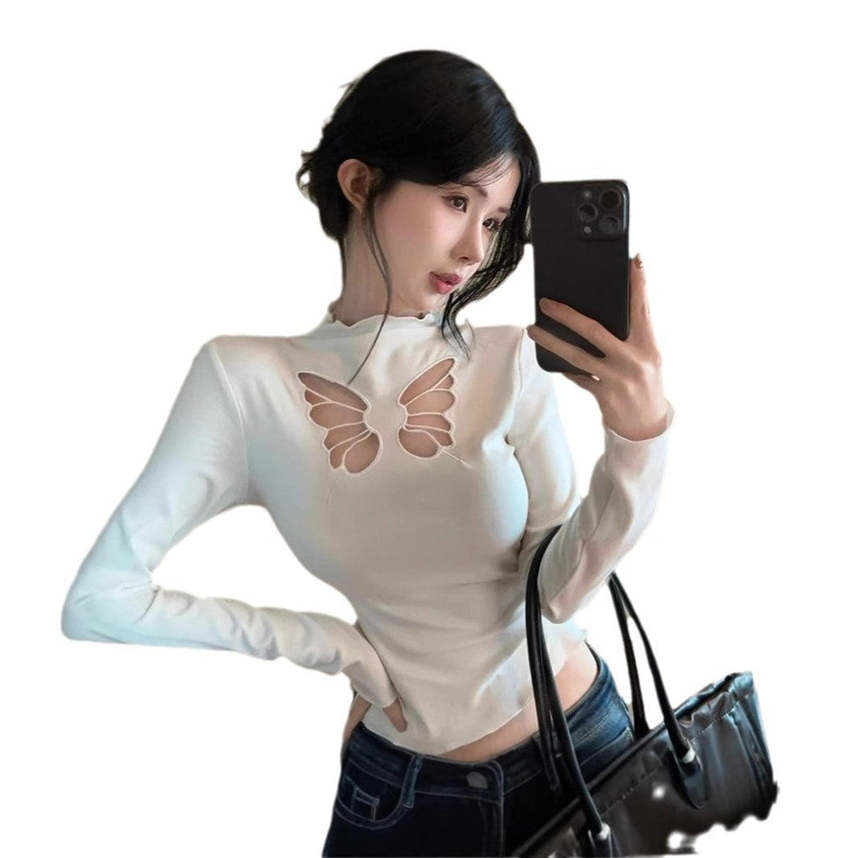 Butterfly Embroidered Slim Red Top – Half Collar