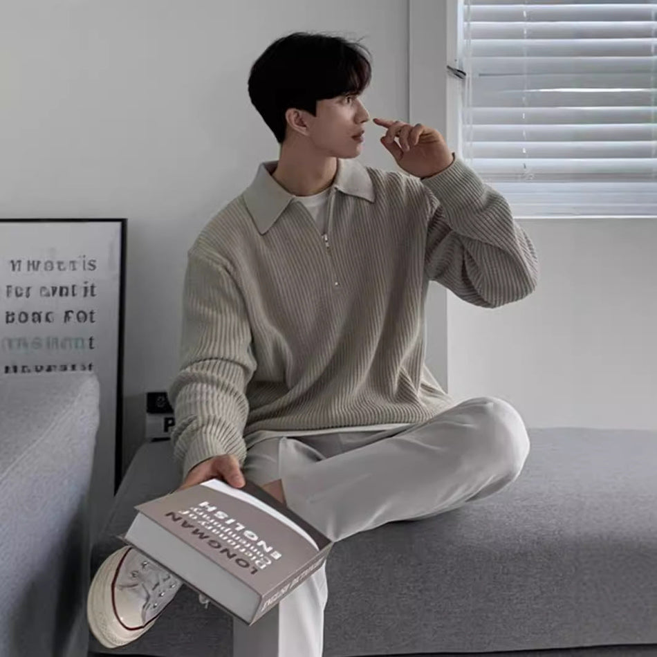 STOCK-Men's Korean-Style Zipper Knit Sweater – Casual Long Sleeve