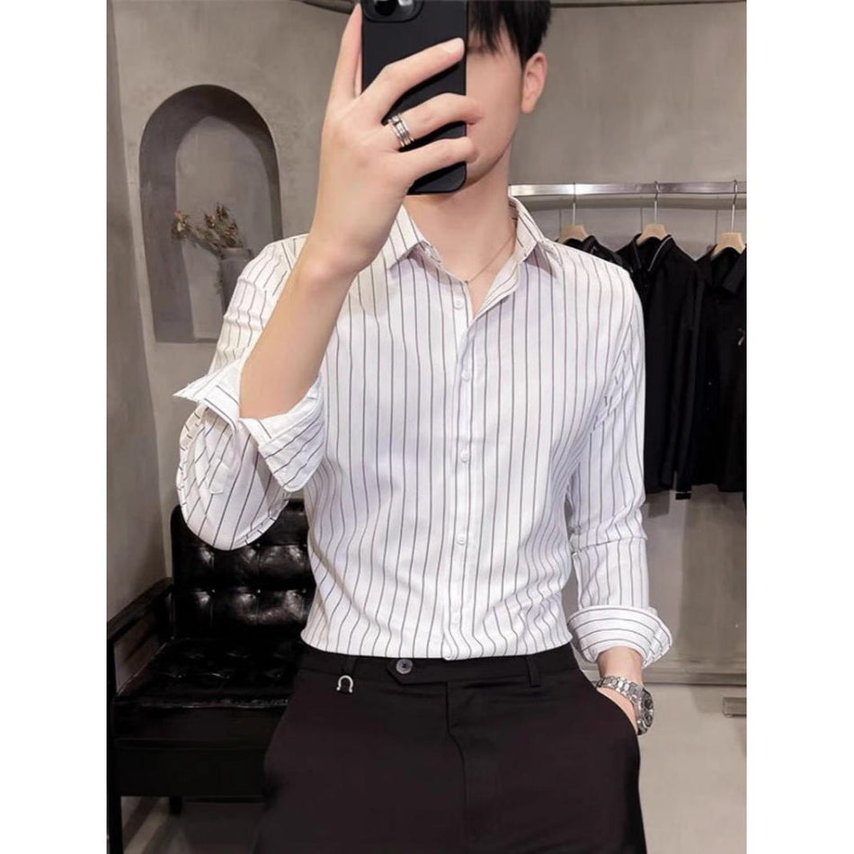 Men’s 2024 Korean Slim-Fit Striped Long-Sleeve Shirt