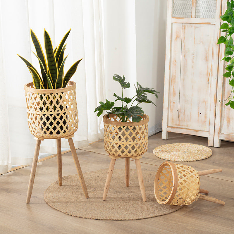 STOCK-Scandinavian Rattan Bamboo Flower Basket Plant Stand