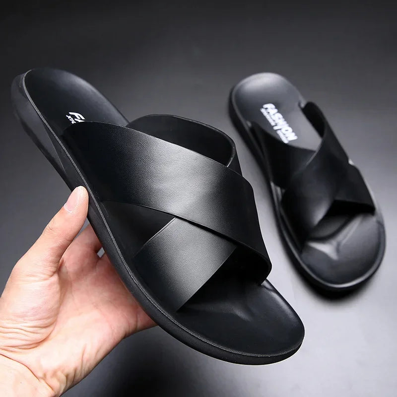 Open Toe Leather Slippers – Casual Beach Shoes with Soft Sole