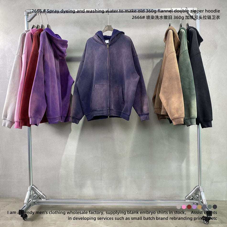 2026 Men’s Retro Spray-Dyed Fleece-Lined Zipper Hoodie