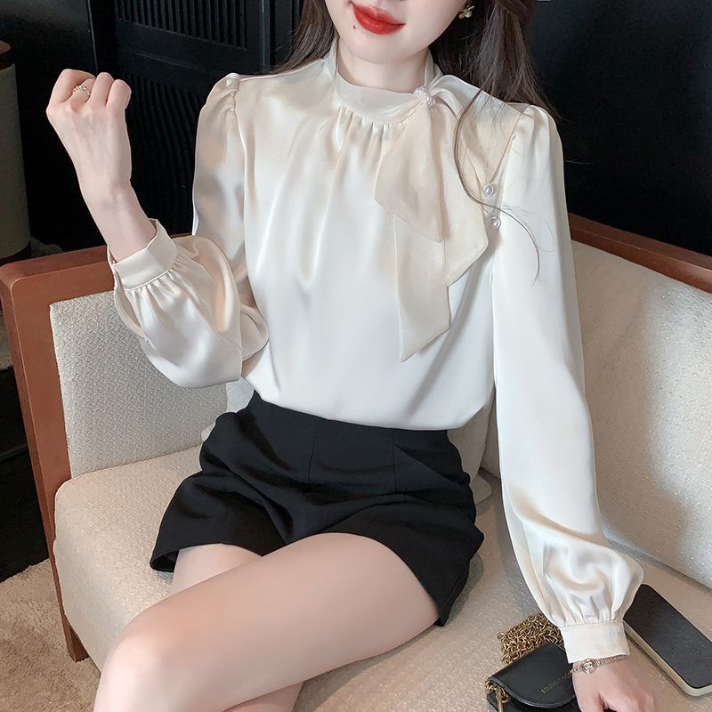 French Bow Ribbon Chiffon Shirt – Feminine Glossy Fairy Top