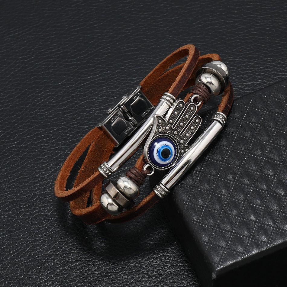 Men's Stainless Steel Cowhide Rope Bracelet – Handmade Devil's