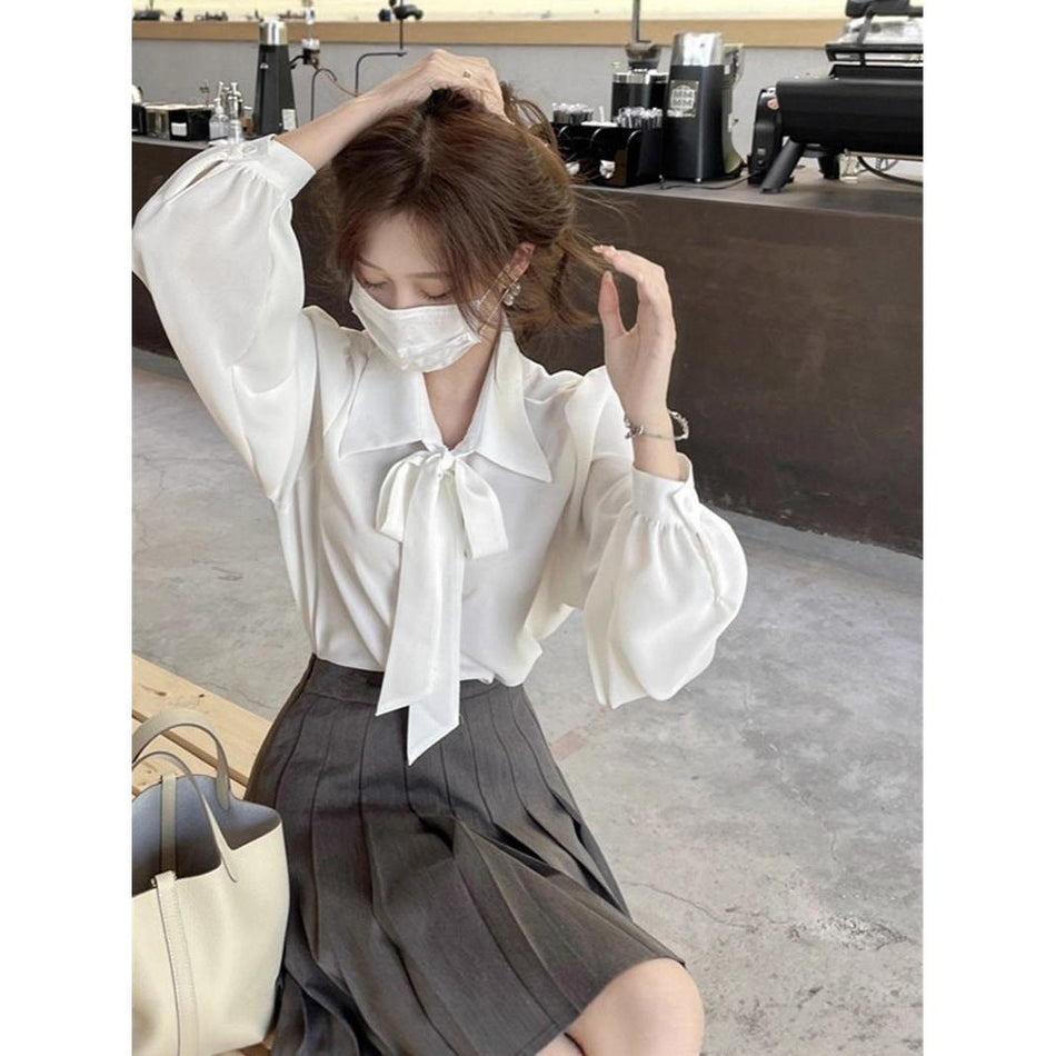 STOCK-French-Style Bowknot Blouse – Chic Long-Sleeve Top