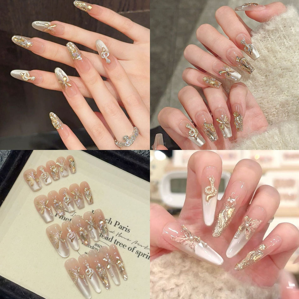 Luxury Handmade Butterfly & Gold Snake Fake Nails – 10pcs