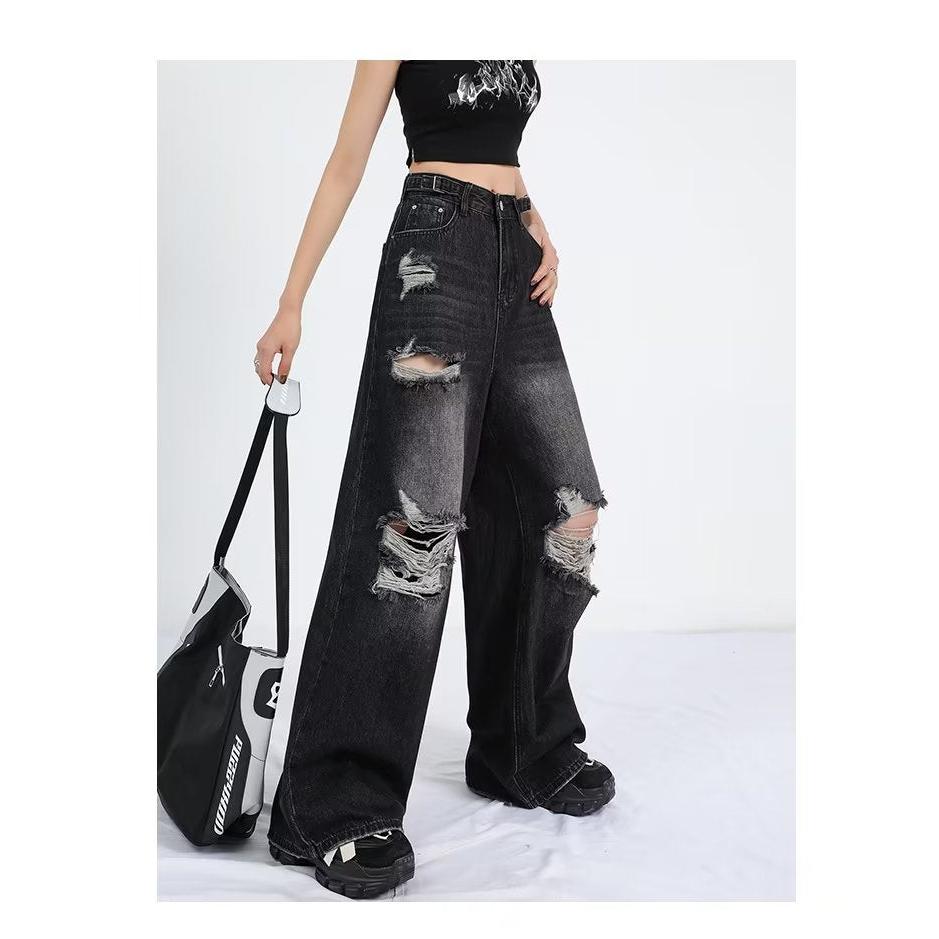 Women's Ripped Wide-Leg Jeans – Retro High Street Style