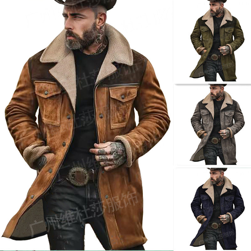 STOCK-2024 Men’s Suede Color Block Multi-Pocket Coat
