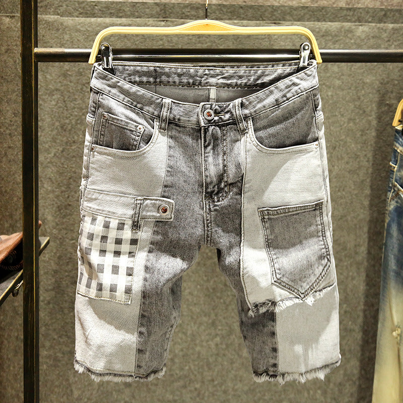 Patchwork Printed Men’s Slim Denim Shorts