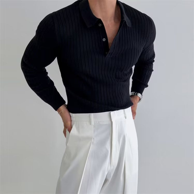 Spring Autumn Men's Knitted Long-Sleeve Henry Collar Shirt