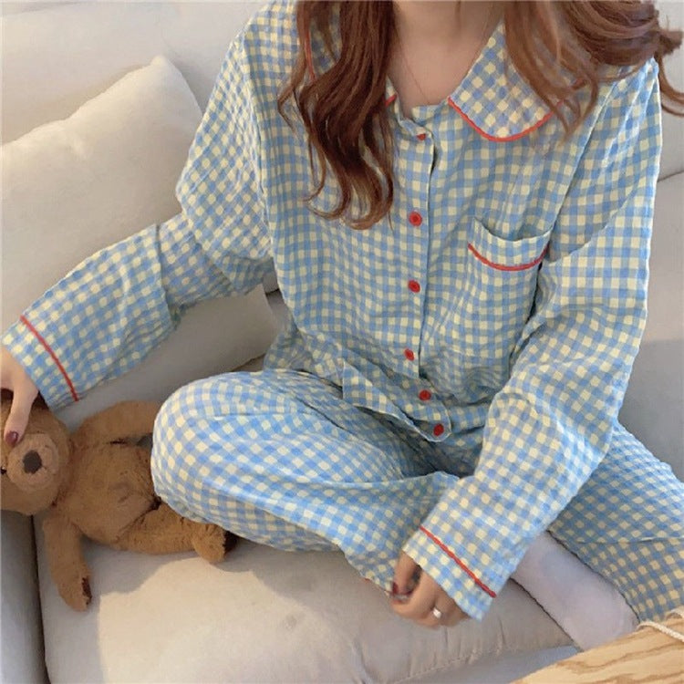 Doll-Collar Plaid Pajamas Women Korean Style