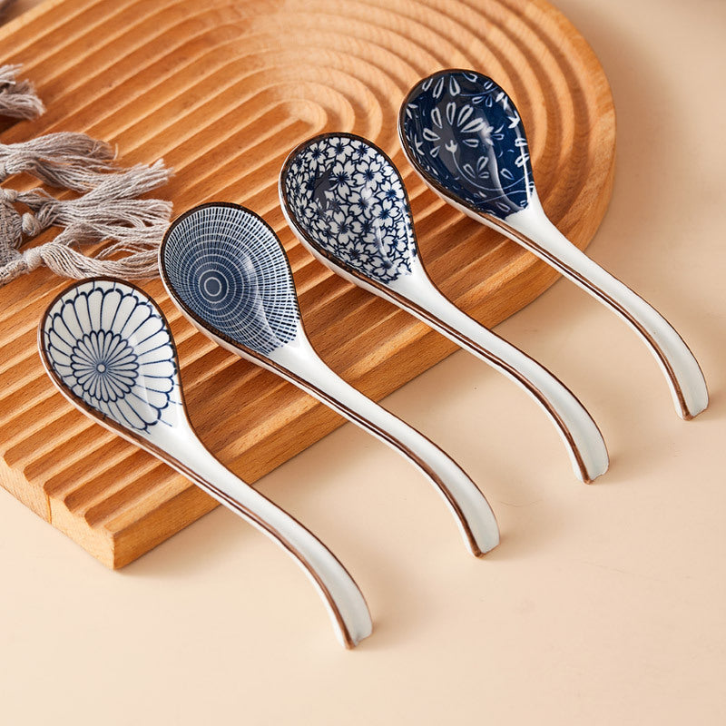 Blue White Ceramic Long Handle Spoon Japanese Style Set