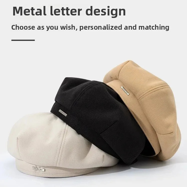 Vintage Wool Beret – Japanese Brown Octagonal Cap with Patch