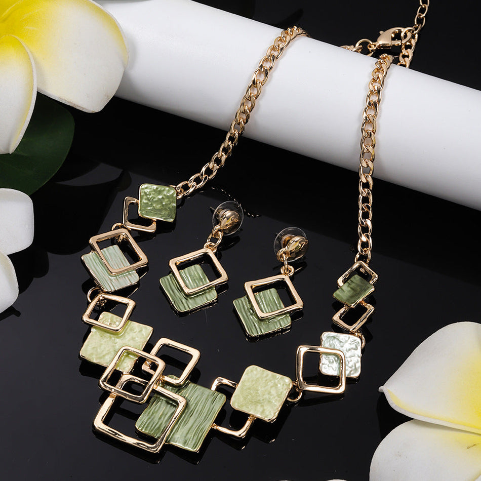 Geometric Square Necklace & Earrings Set | Elegant Ladies Jewelry