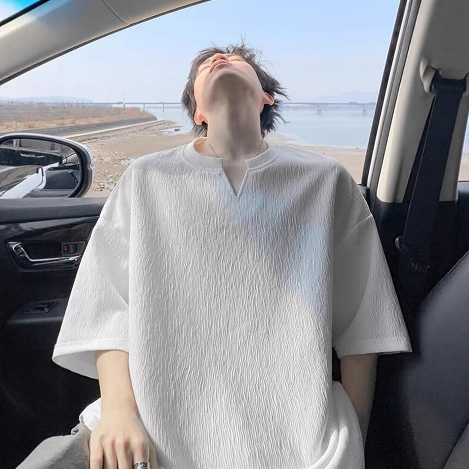 Men’s Textured V-Neck T-Shirt – 2025 Loose Summer Youth Style