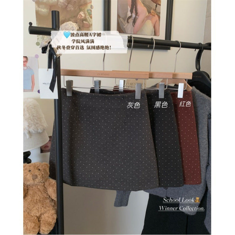 Grey Polka Dot Wool A Line Skirt High Waist Slim Fit