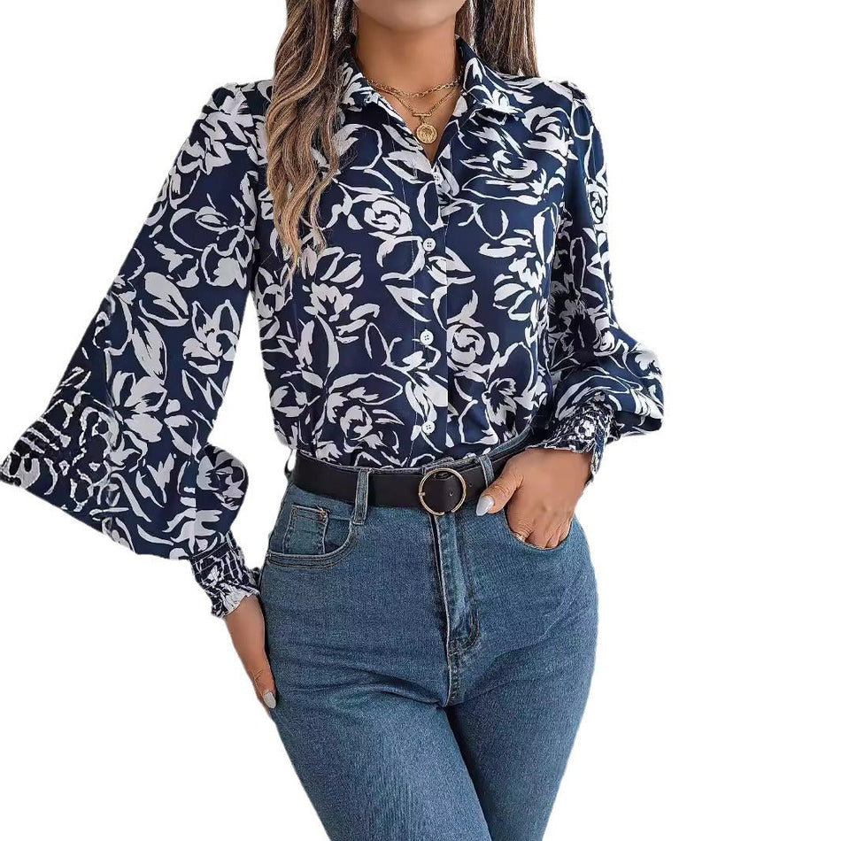 Elegant Color-Block Floral Lantern Sleeve Shirt – Women's