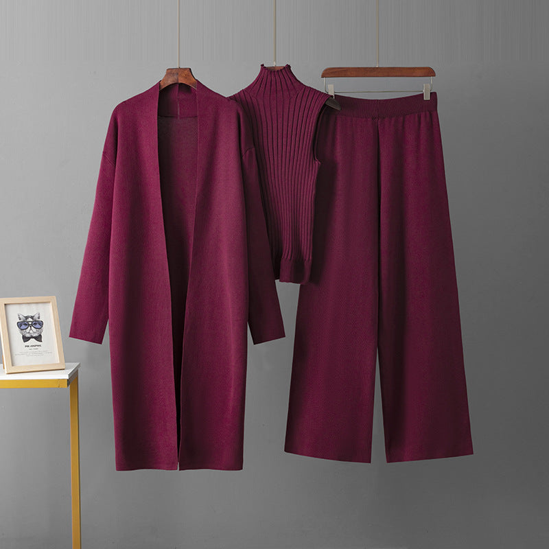 Women’s European-Style Solid Color Three-Piece Knit Set
