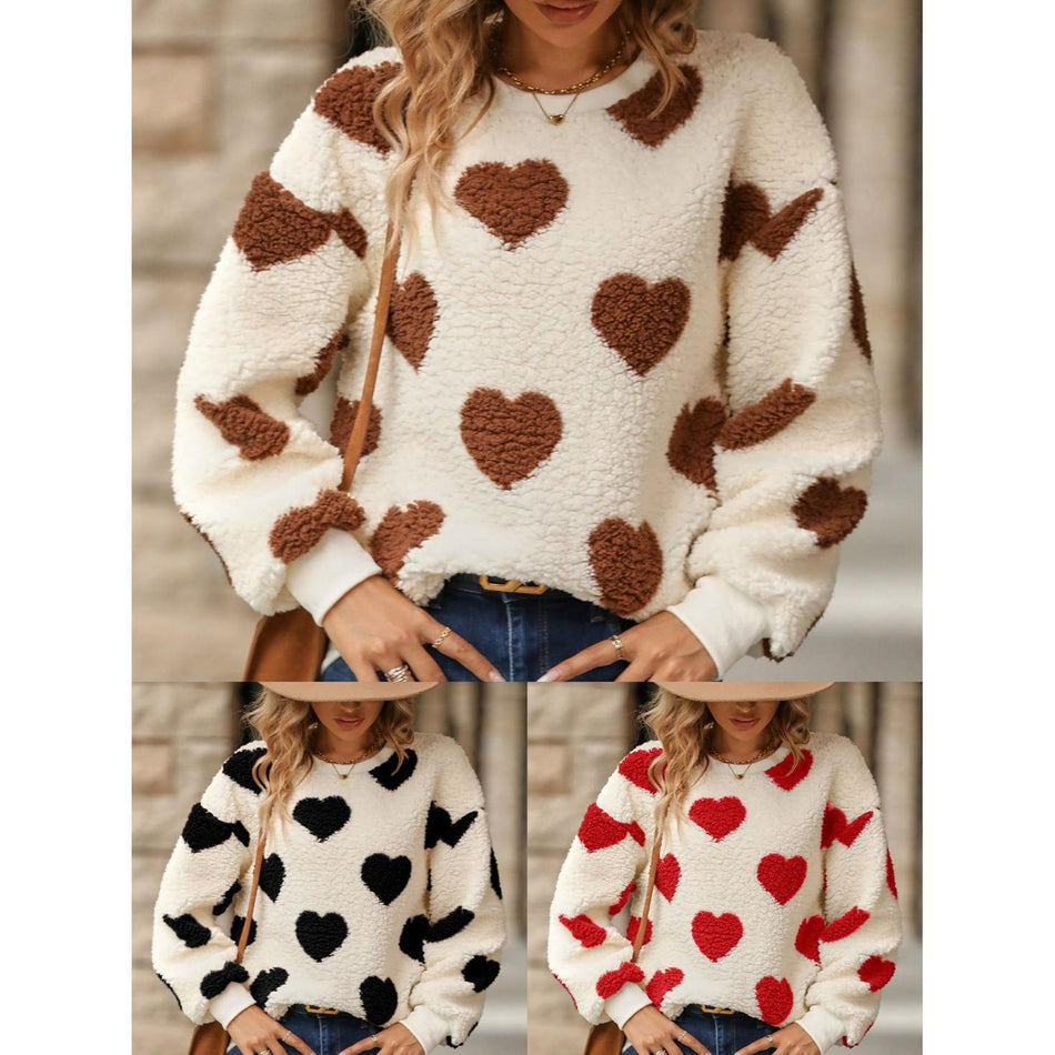 Flash Velvet Plush Love Print Loose Round Neck Pullover Sweater
