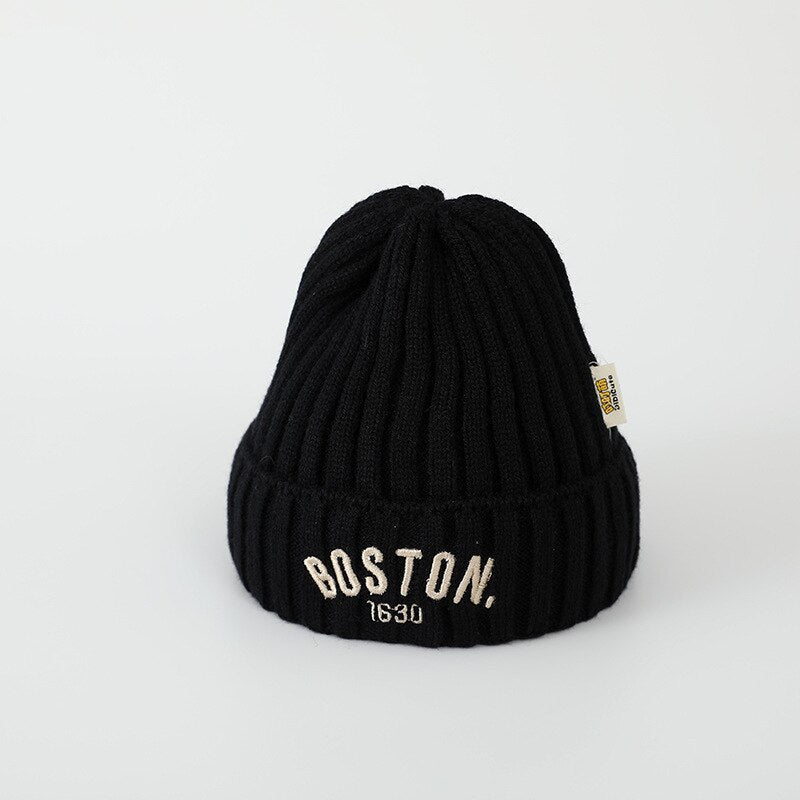 Boston Letter Kids Wool Hat – Warm Pullover Cap