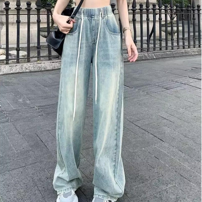 American Retro Drawstring Loose Wide-Leg Jeans