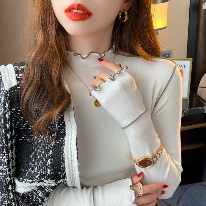 Ruffled Velvet Half-High Collar Base Top