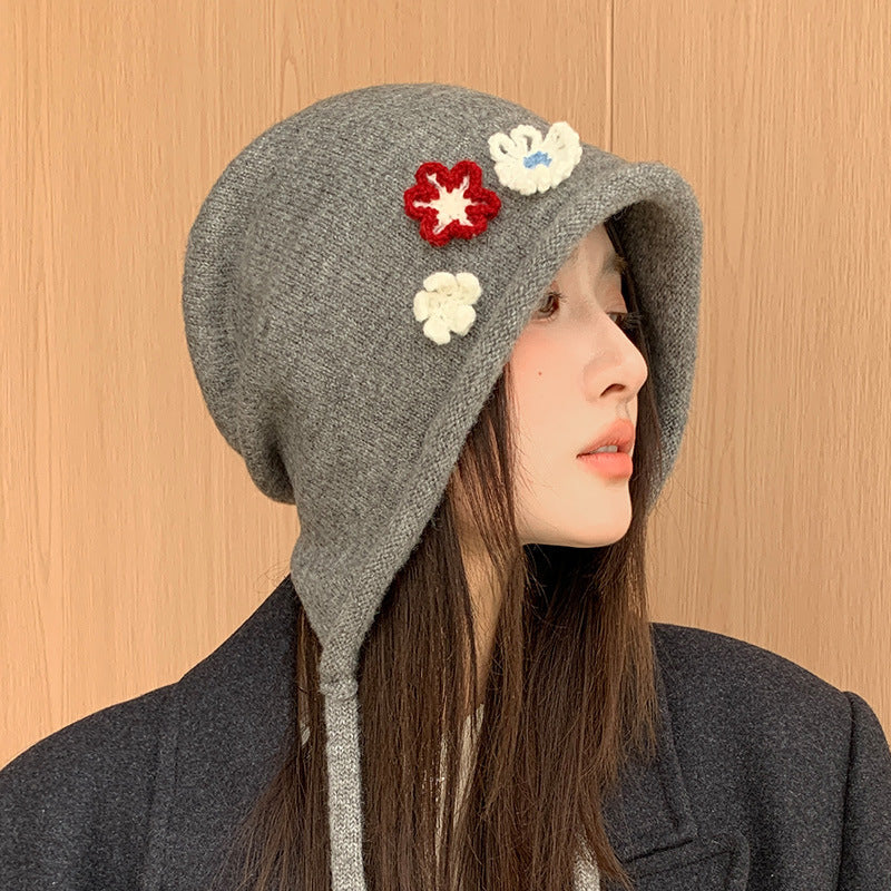 Korean Floral Knitted Bucket Hat – Autumn & Winter