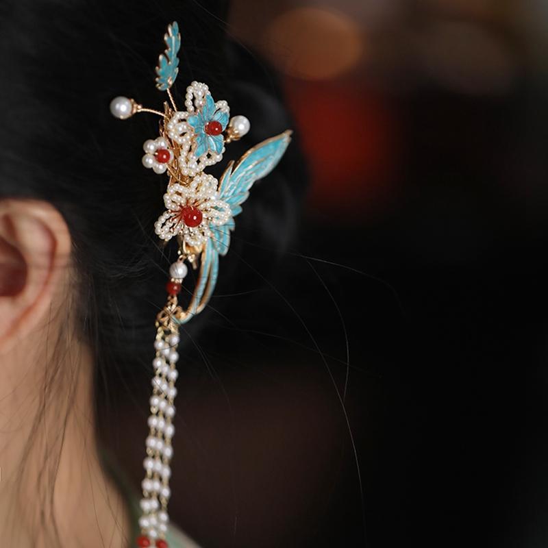 Burnt Blue Hanfu Tassel Side Hair Clip