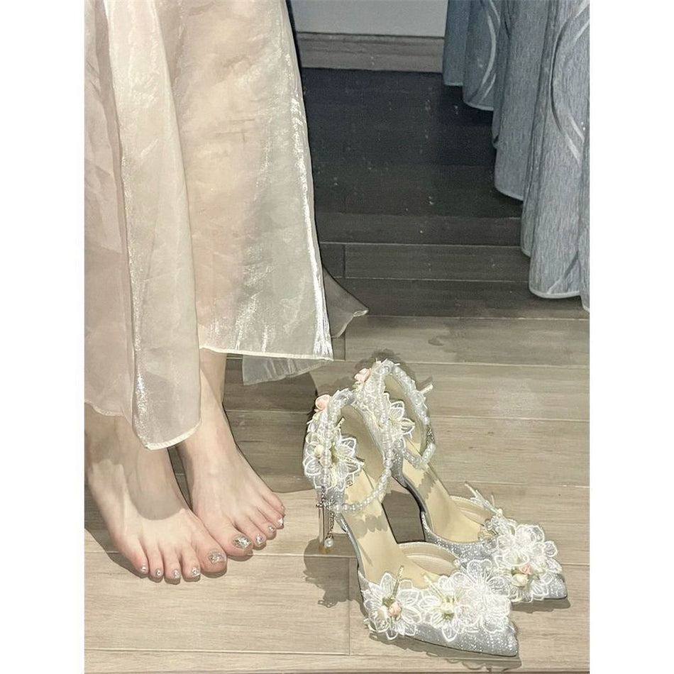 Silver Pearl Chain Stiletto Heels for Women