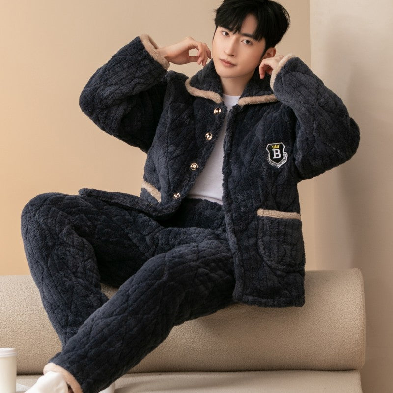 Men’s Winter Coral Velvet Quilted Fleece-Lined Pajamas