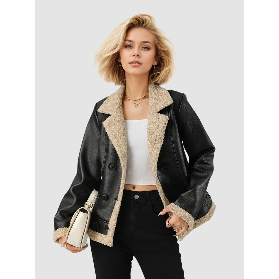 Fleece-Lined Turn-Down Collar Leather Jacket