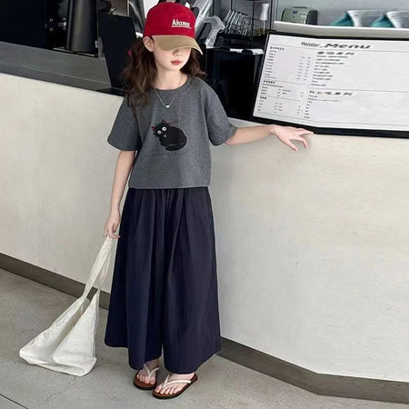 Girls Korean Summer Suit 2025 – Cute Meow Two-Piece – Summer Kids Fashion Nepal | Tudoholic