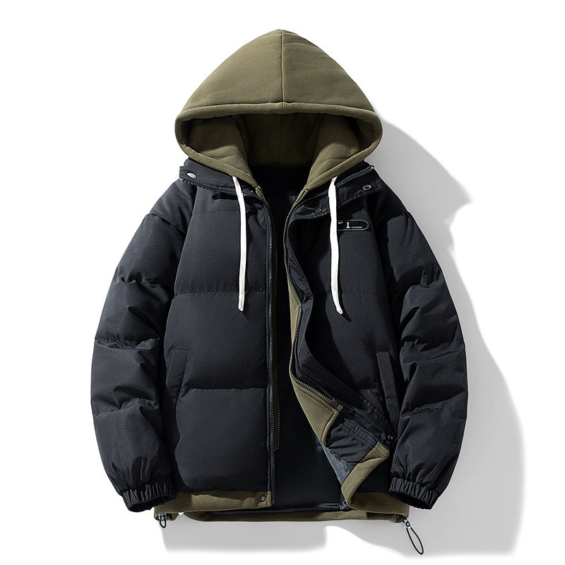 Men’s Hooded Puffer Jacket – Color Block Fake Two-Piece Style