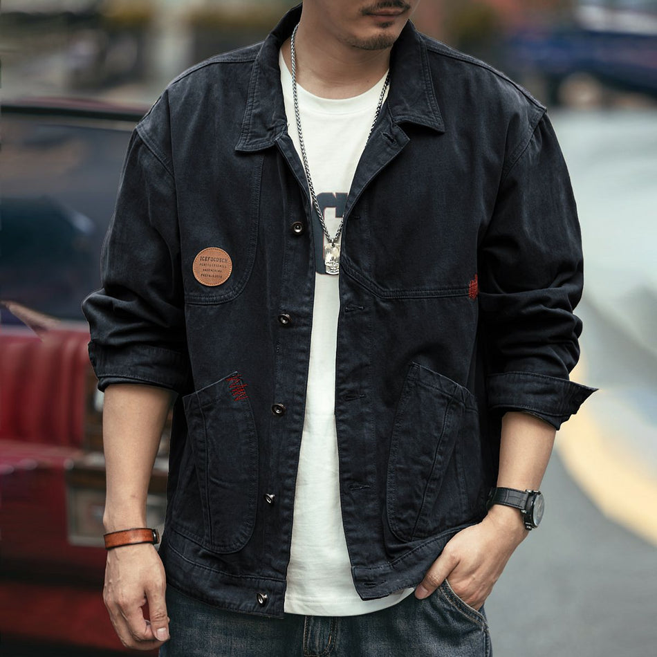 STOCK-Men's Retro Denim Jacket Spring Autumn Loose Casual Coat