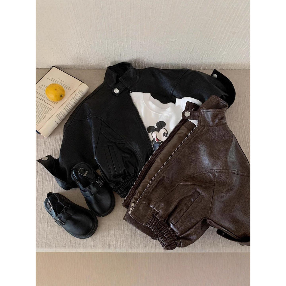 STOCK-Kids Korean Style Leather Biker Jacket Autumn 2025