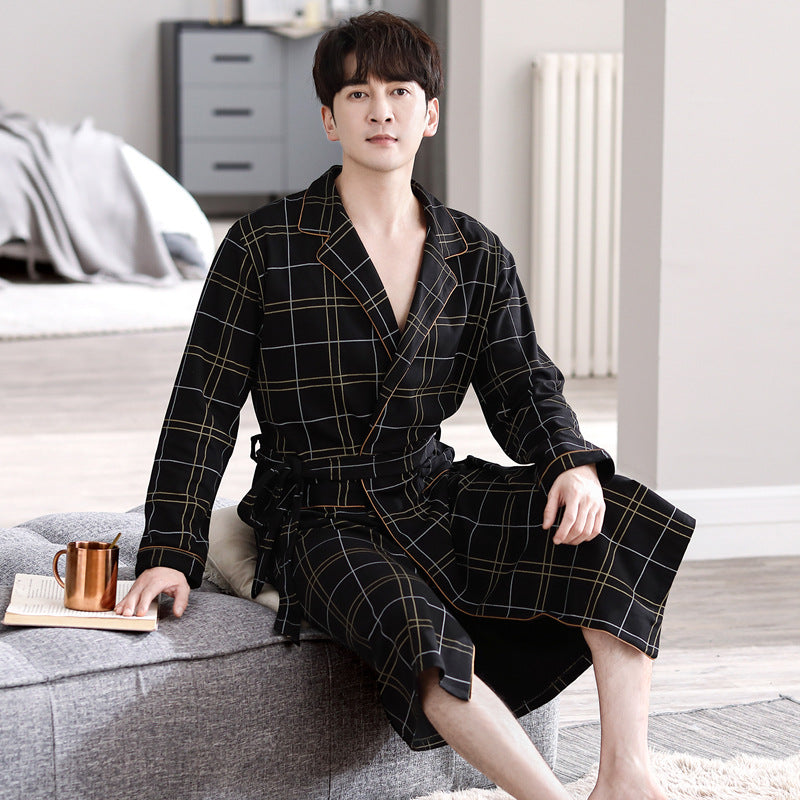 Men’s Cotton Plaid Bathrobe – Long-Sleeve Spring Autumn Robe