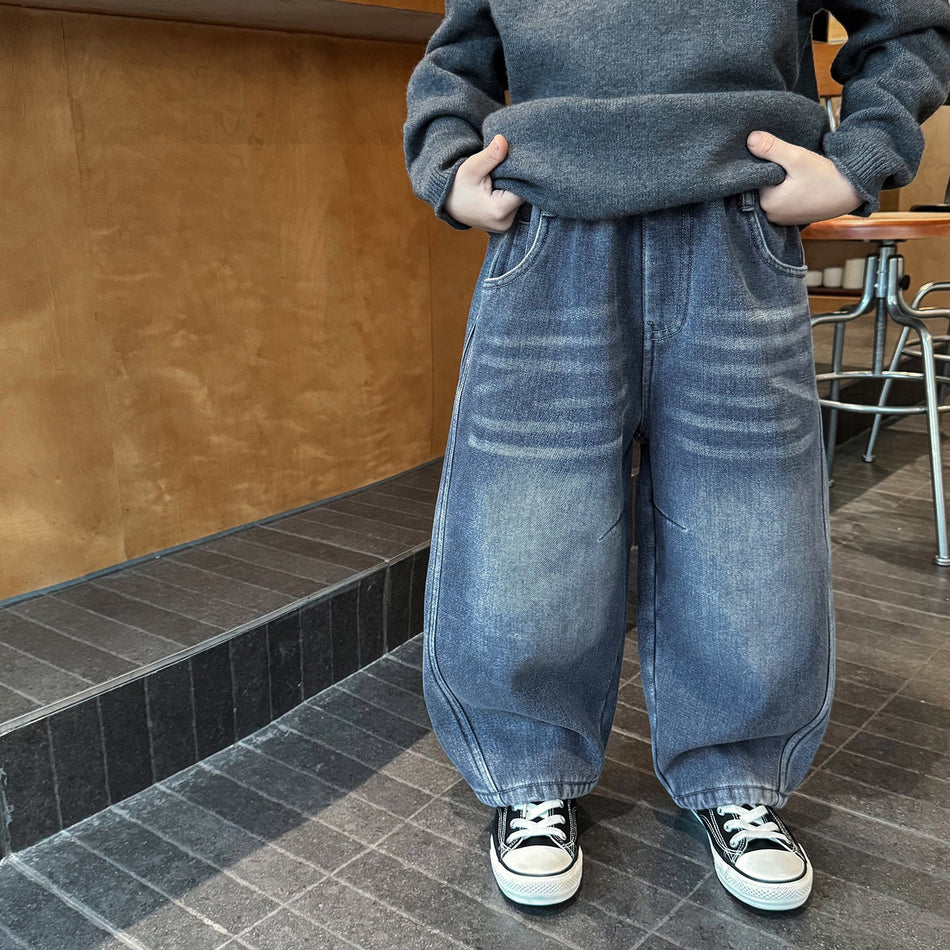 Boys’ Korean Style Fleece-Lined Washed Jeans
