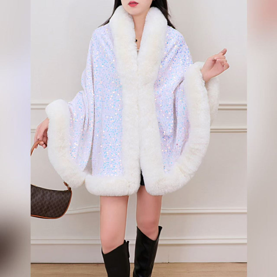 Thickened Fleece-Lined Fur Collar Sequin Shawl Cape