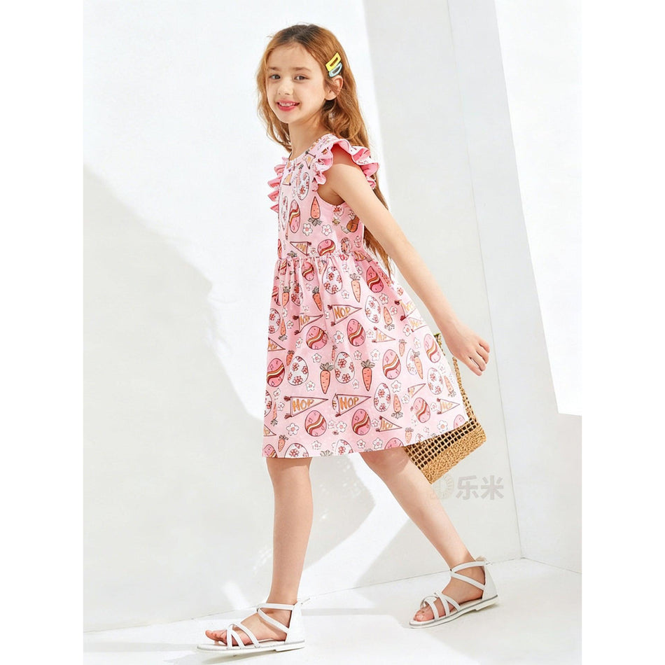 Younggirl Girls Pink Easter Sleeveless Mid-Length Dress