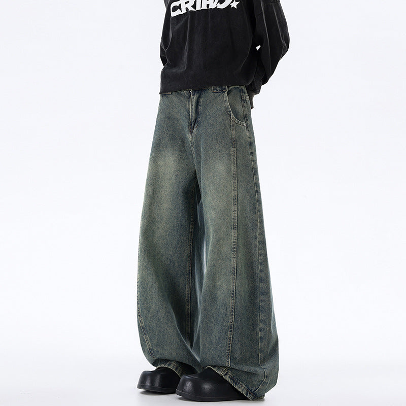 Lktm Men's Retro Washed Wide Leg Deconstructed Jeans Pants