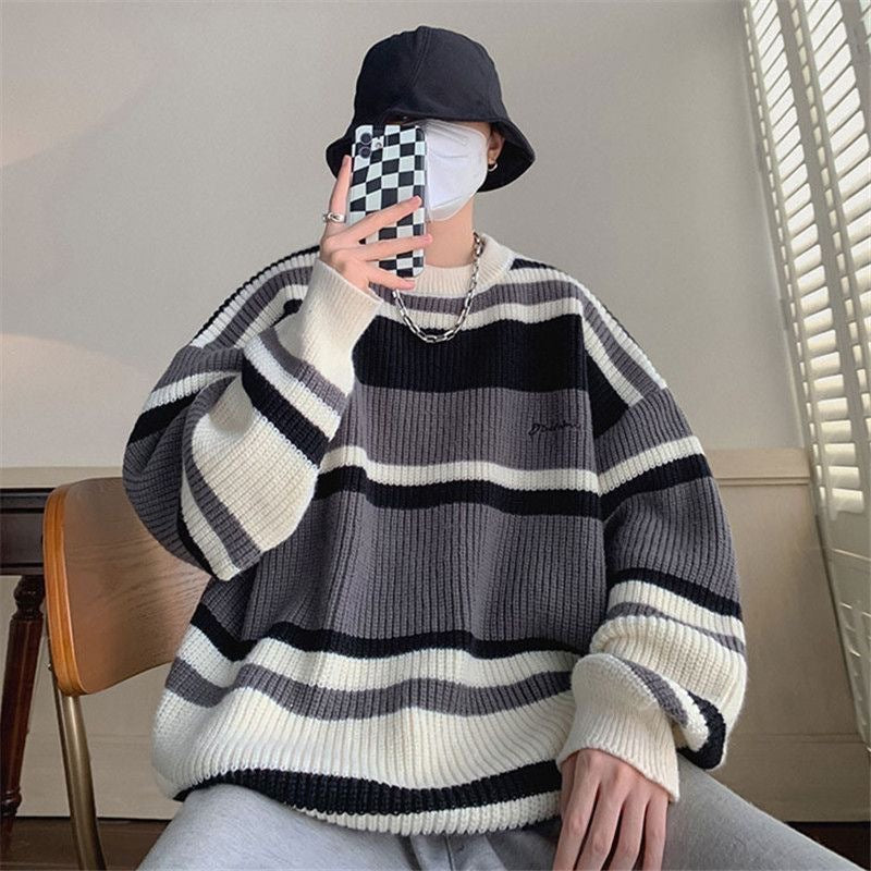 INSTOCK-Men’s Autumn Winter Striped Round Neck Sweater Plus Size