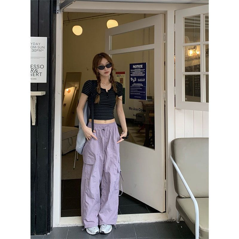 STOCK-Women’s Cargo Parachute Pants – Drawstring Wide Leg