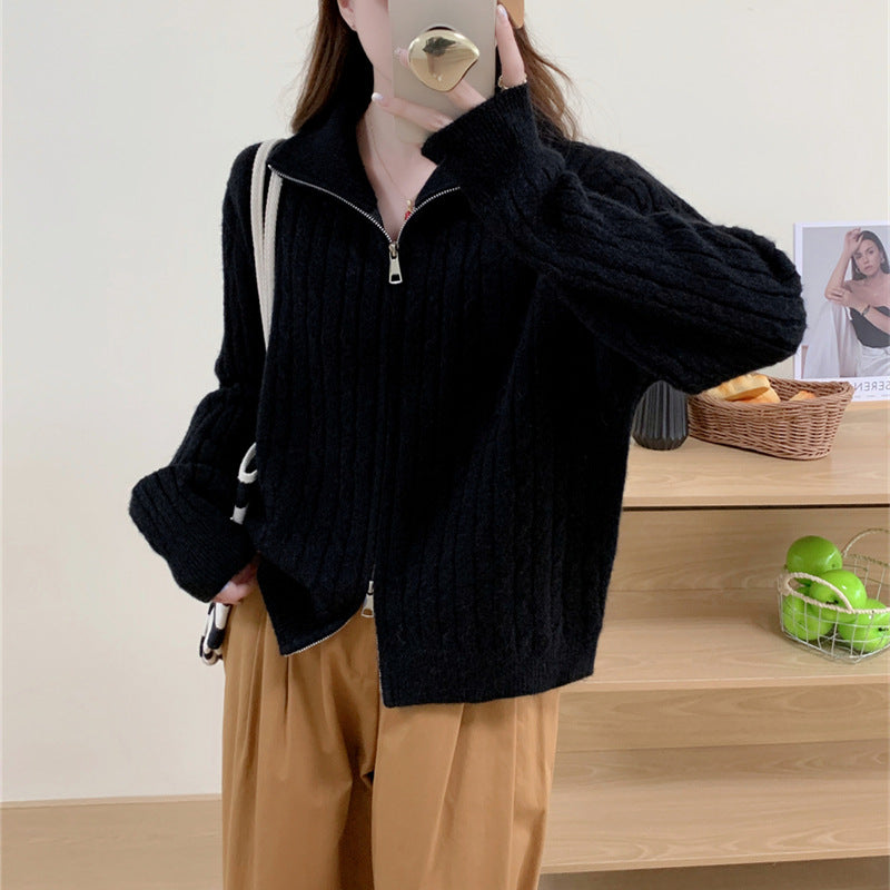 STOCK-Women’s High Collar Cable Knit Zipper Cardigan