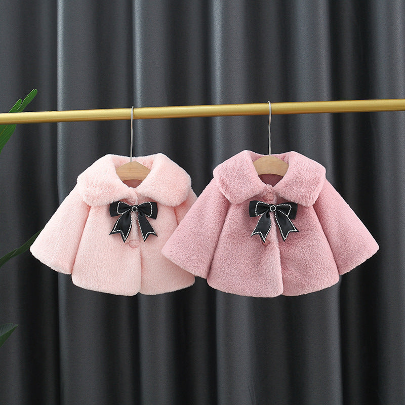 Girls’ Rabbit Fur Shawl – Autumn & Winter Black Bow Coat