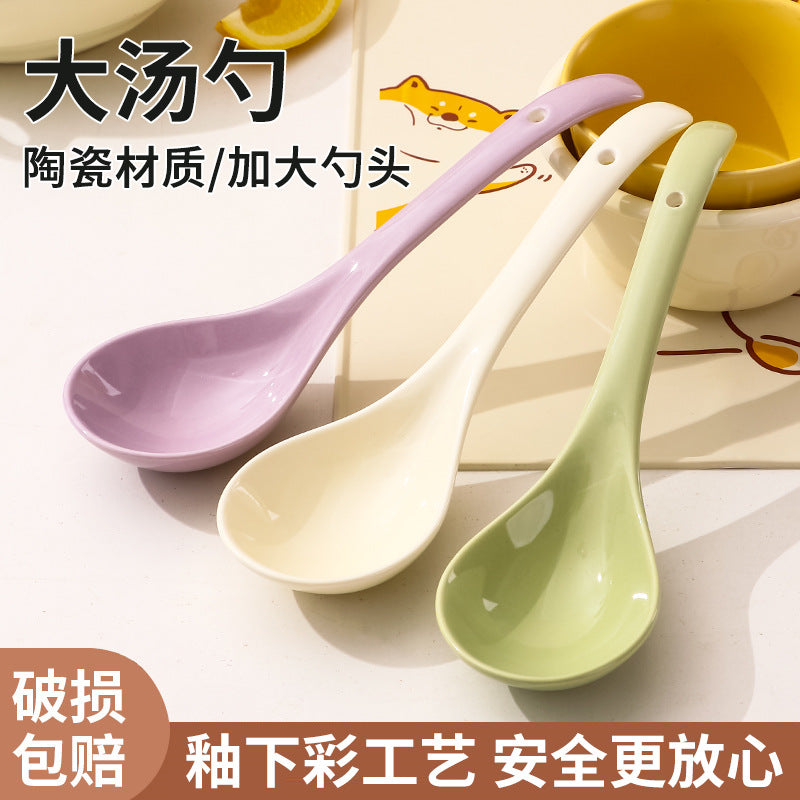 Ceramic Soup Spoon Long Handle Large Porridge Spoon Set