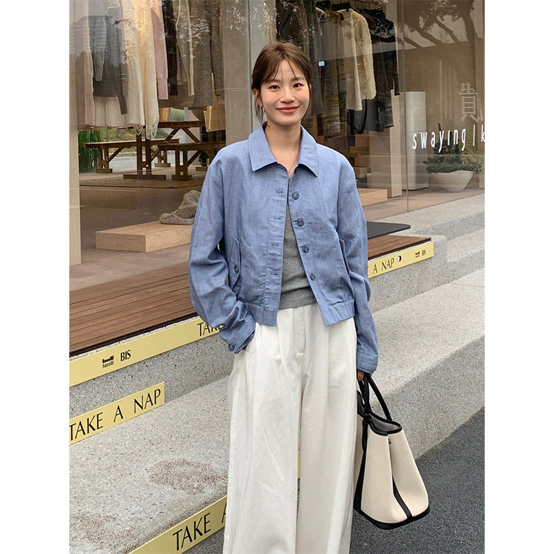 Tencel Linen Denim Shirt Jacket – Soft Single-Breasted Korean