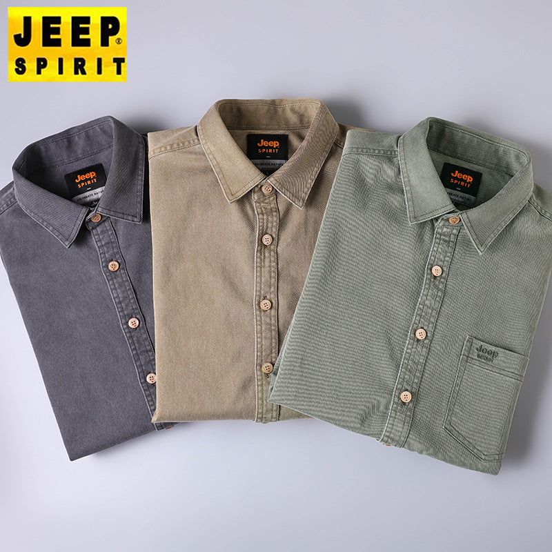 Men's Loose Pure Color Long-Sleeve Lapel Embroidered Shirt