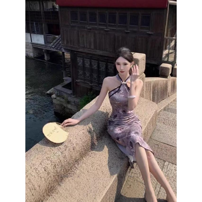 Elegant Chinese Style Halter Cheongsam Slim Split Dress